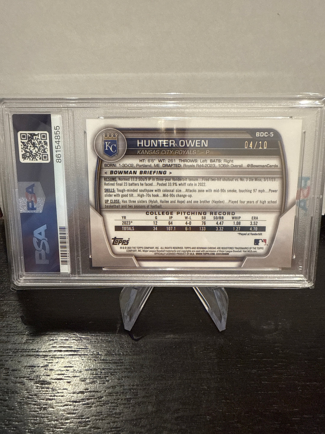 Hunter Owen 2023 Bowman Chrome Sapphire 1st, Black, 04/10, PSA 9 Mint