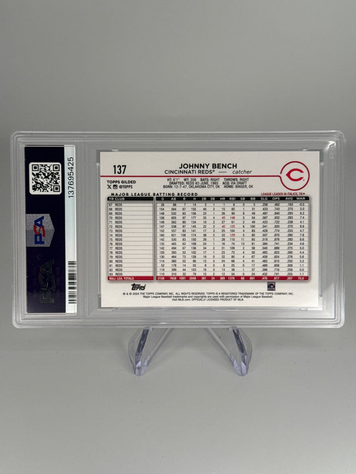 Johnny Bench 2024 Topps Gilded Collection Gold Raywave Refractor, 18/25, PSA 9 Mint