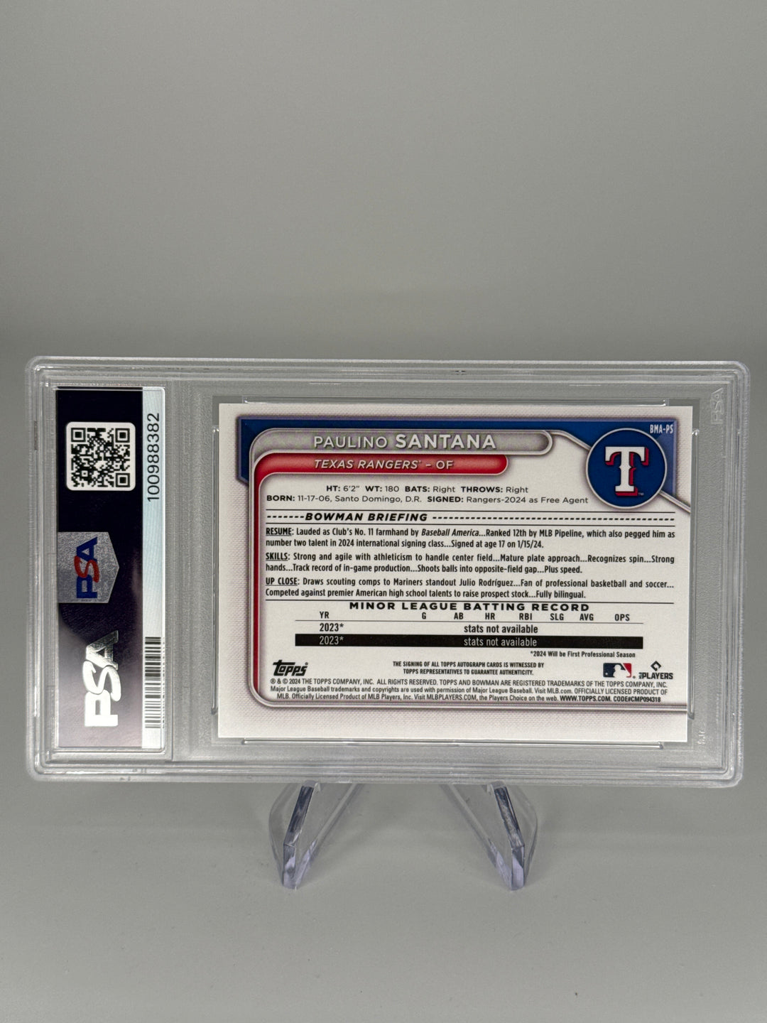 Paulino Santana 2024 Bowman Chrome Mega Box Blue Refractor Auto, 045/150, PSA 10 Gem Mint, PSA 10 Auto