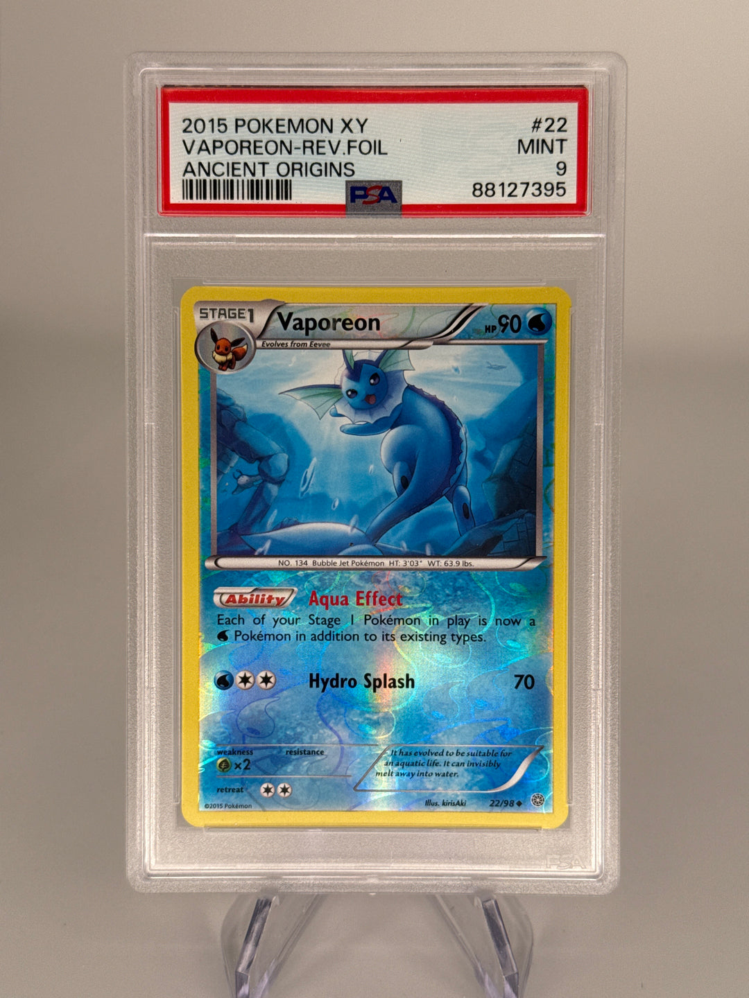 Pokemon TCG 2015 Vaporeon XY Ancient Origins Reverse Foil, 22/98, PSA 9 Mint