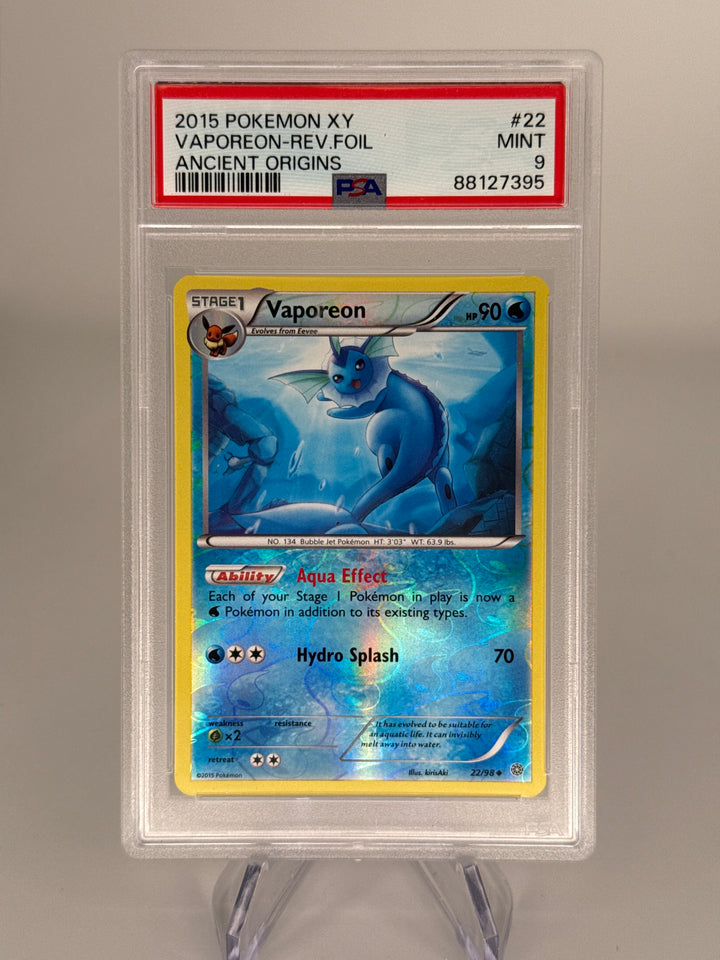 Pokemon TCG 2015 Vaporeon XY Ancient Origins Reverse Foil, 22/98, PSA 9 Mint