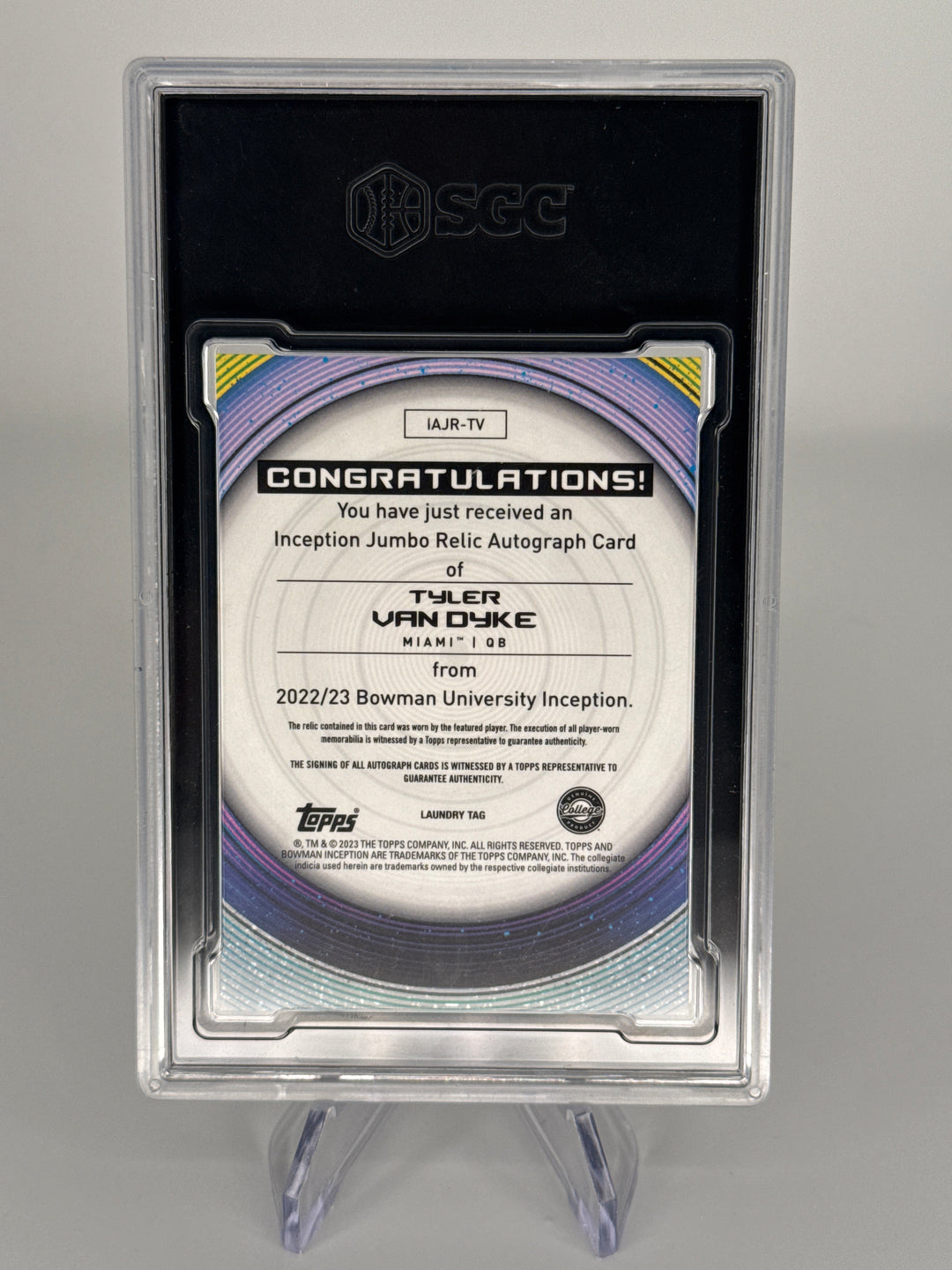 Tyler Van Dyke 2022 Bowman University Inception Laundry Tag 1/1 Auto, SGC 9.5 Gem Mint, SGC 10 Auto