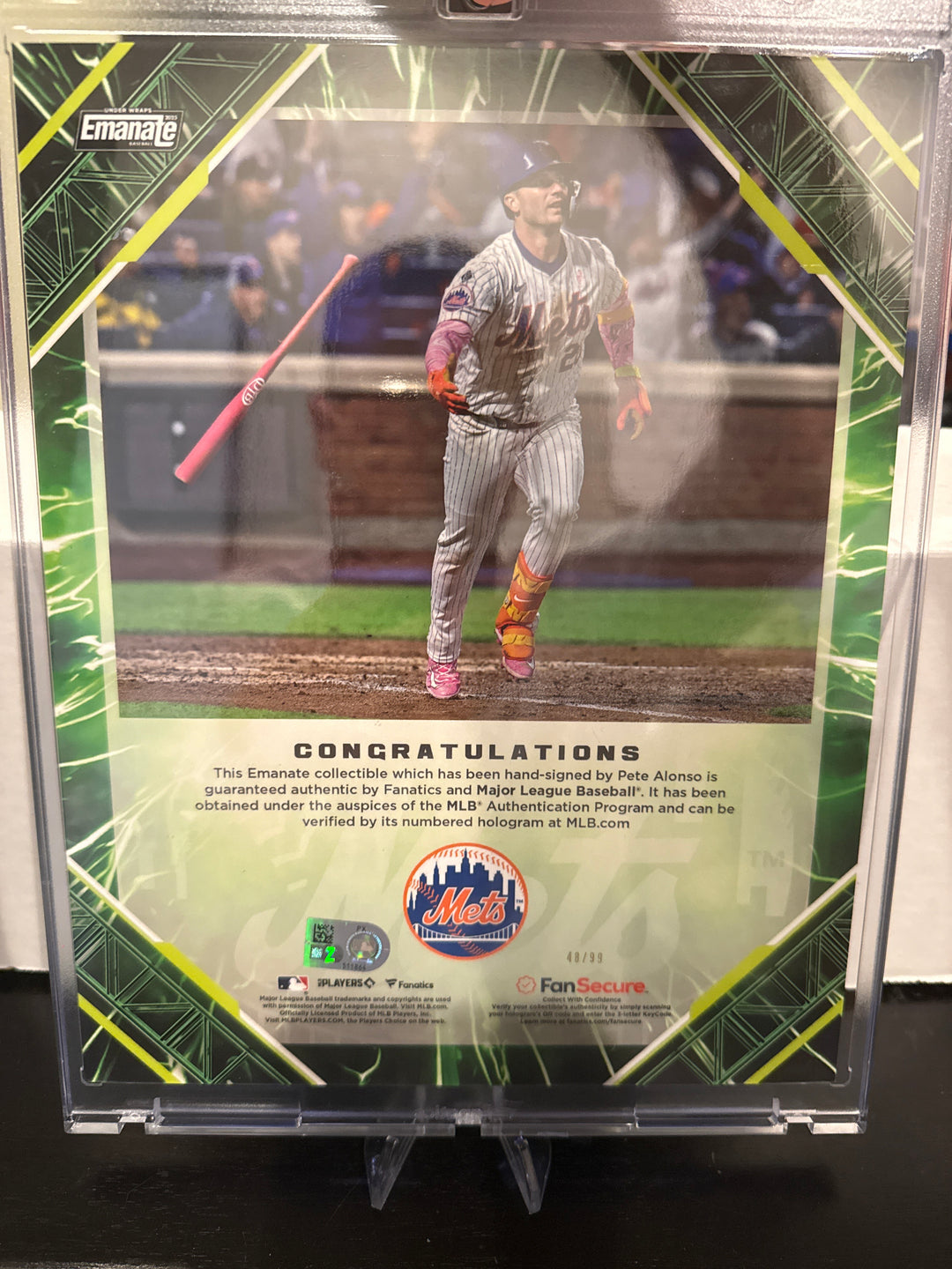 Pete Alonso 2025 Fanatics Emanate Collectable Jumbo Autograph Card Green, 48/99