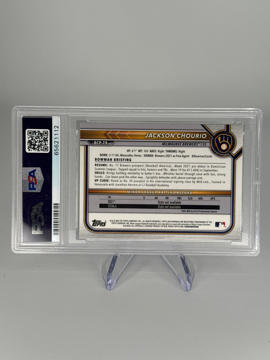 Jackson Chourio 2022 Bowman Chrome Sapphire 1st, PSA 9 Mint