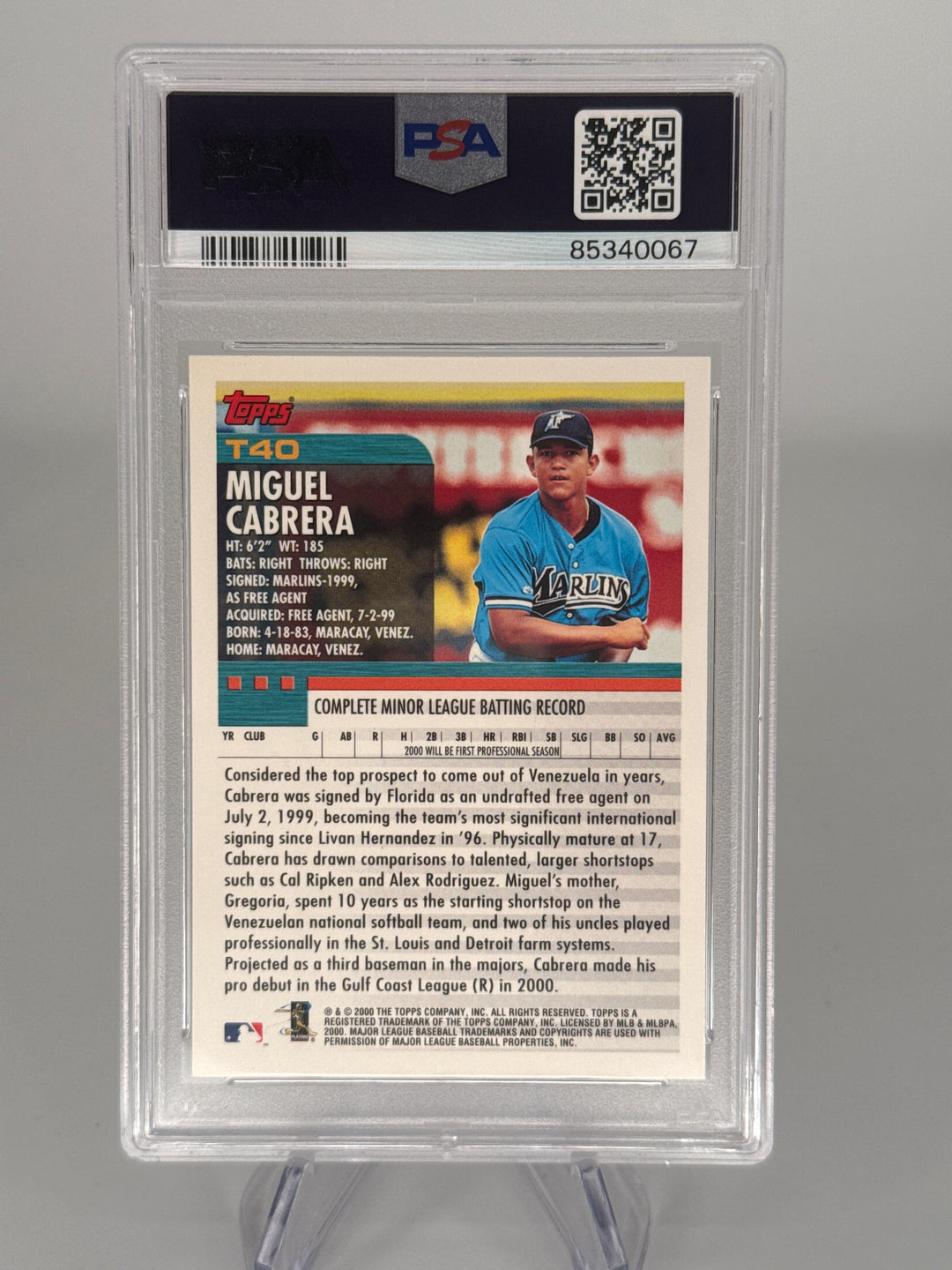 Miguel Cabrera 2000 Topps Traded Rookie, PSA 9 Mint