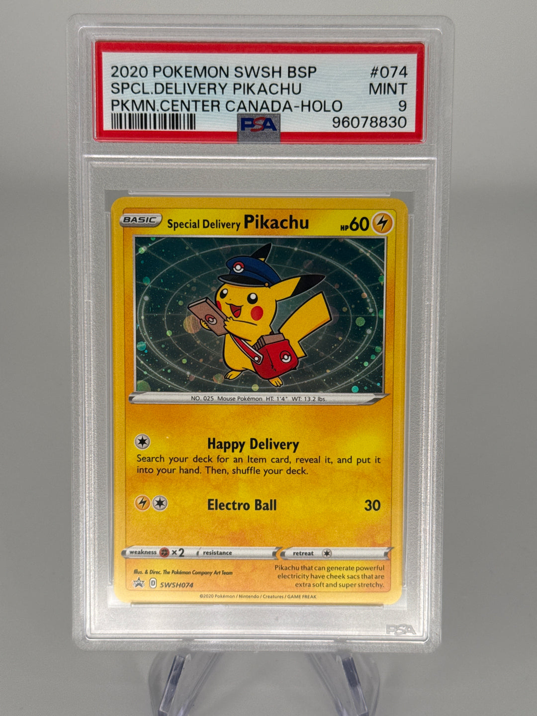 Pokemon TCG 2020 Special Delivery Pikachu Pokemon Center Canada Holo Black Star Promo, SWSH074, PSA 9 Mint