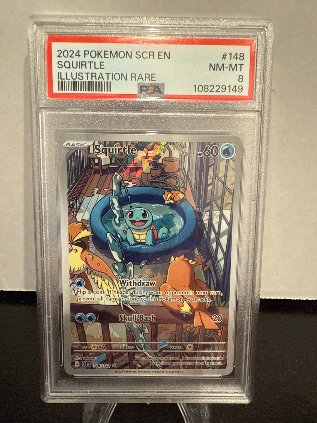Pokemon TCG 2024 Squirtle Stellar Crown Full Art Illustration Rare, 148/142, PSA 8