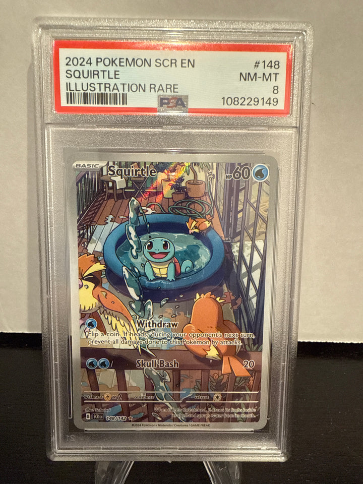 Pokemon TCG 2024 Squirtle Stellar Crown Full Art Illustration Rare, 148/142, PSA 8