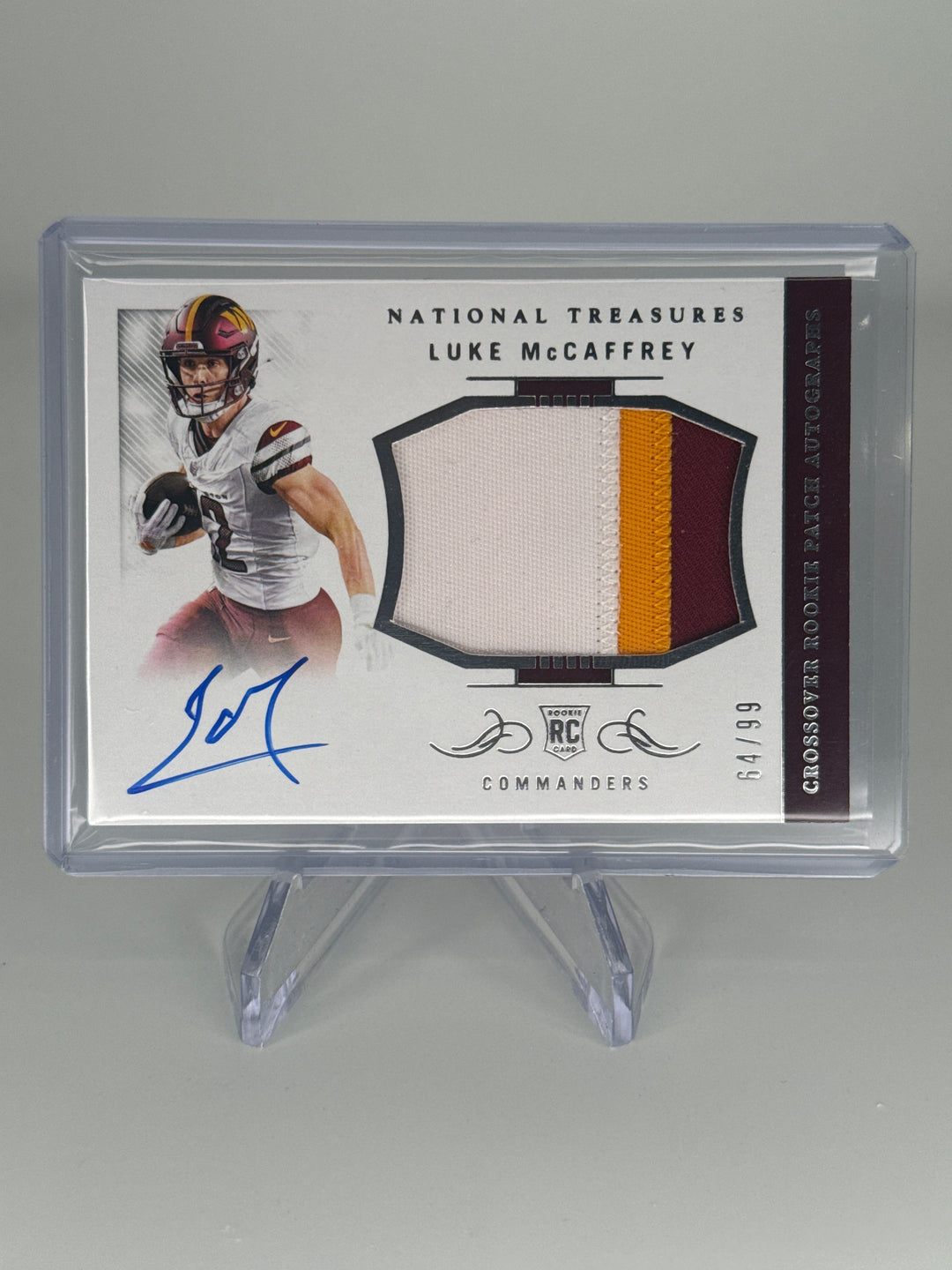 Luke McCaffrey 2024 Panini National Treasures Crossover Rookie Patch Auto, 64/99