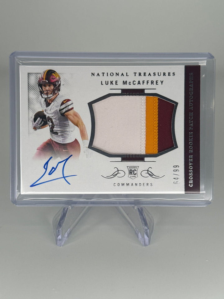 Luke McCaffrey 2024 Panini National Treasures Crossover Rookie Patch Auto, 64/99