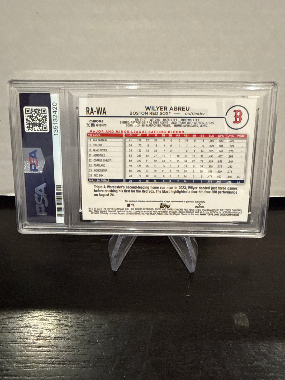 Wilyer Abreu 2024 Topps Chrome Rookie Auto Purple Speckle Refractor, 171/299, PSA 10 Gem Mint