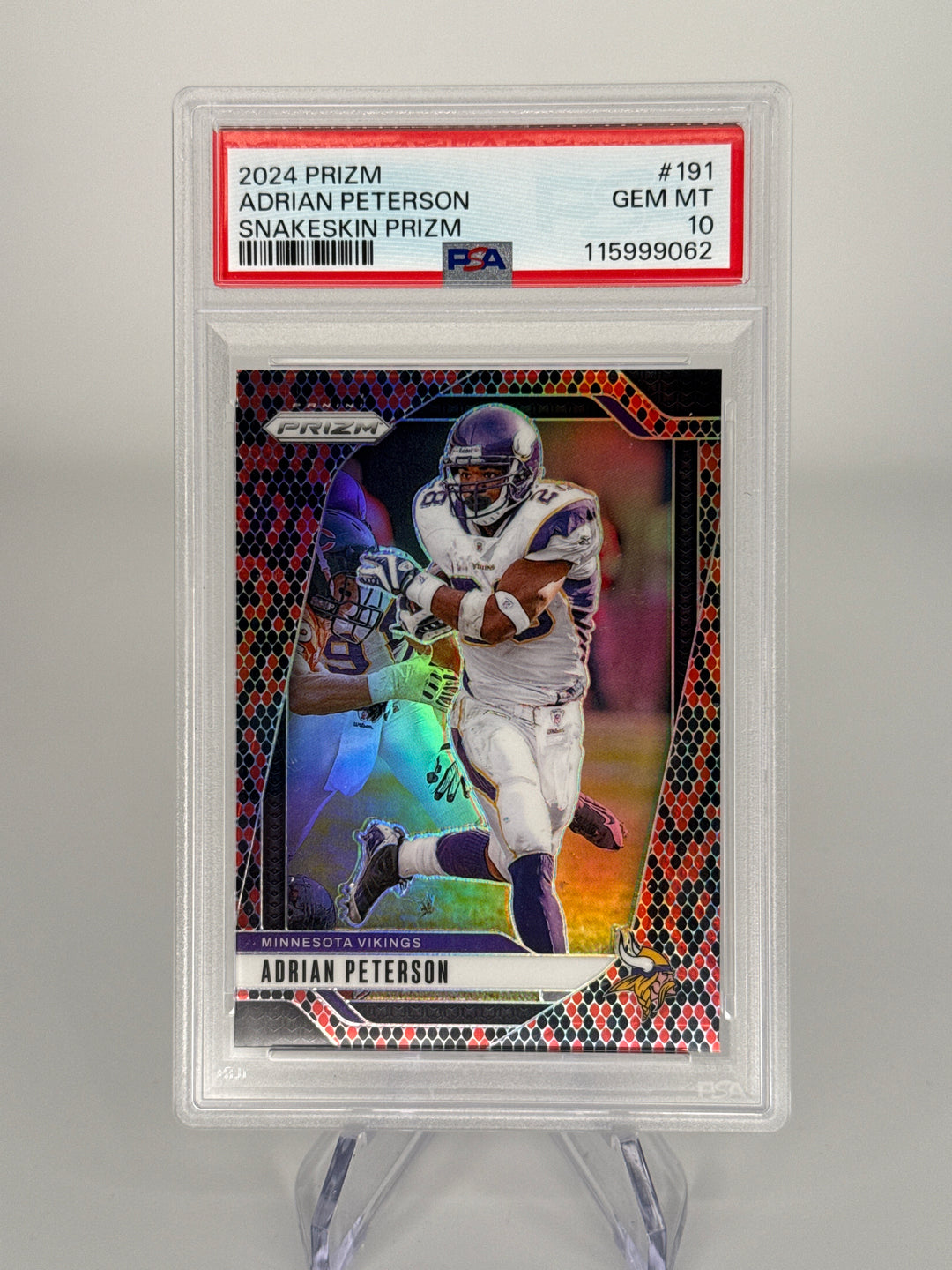 Adrian Peterson 2024 Panini Prizm Snakeskin Prizm SSP, PSA 10 Gem Mint