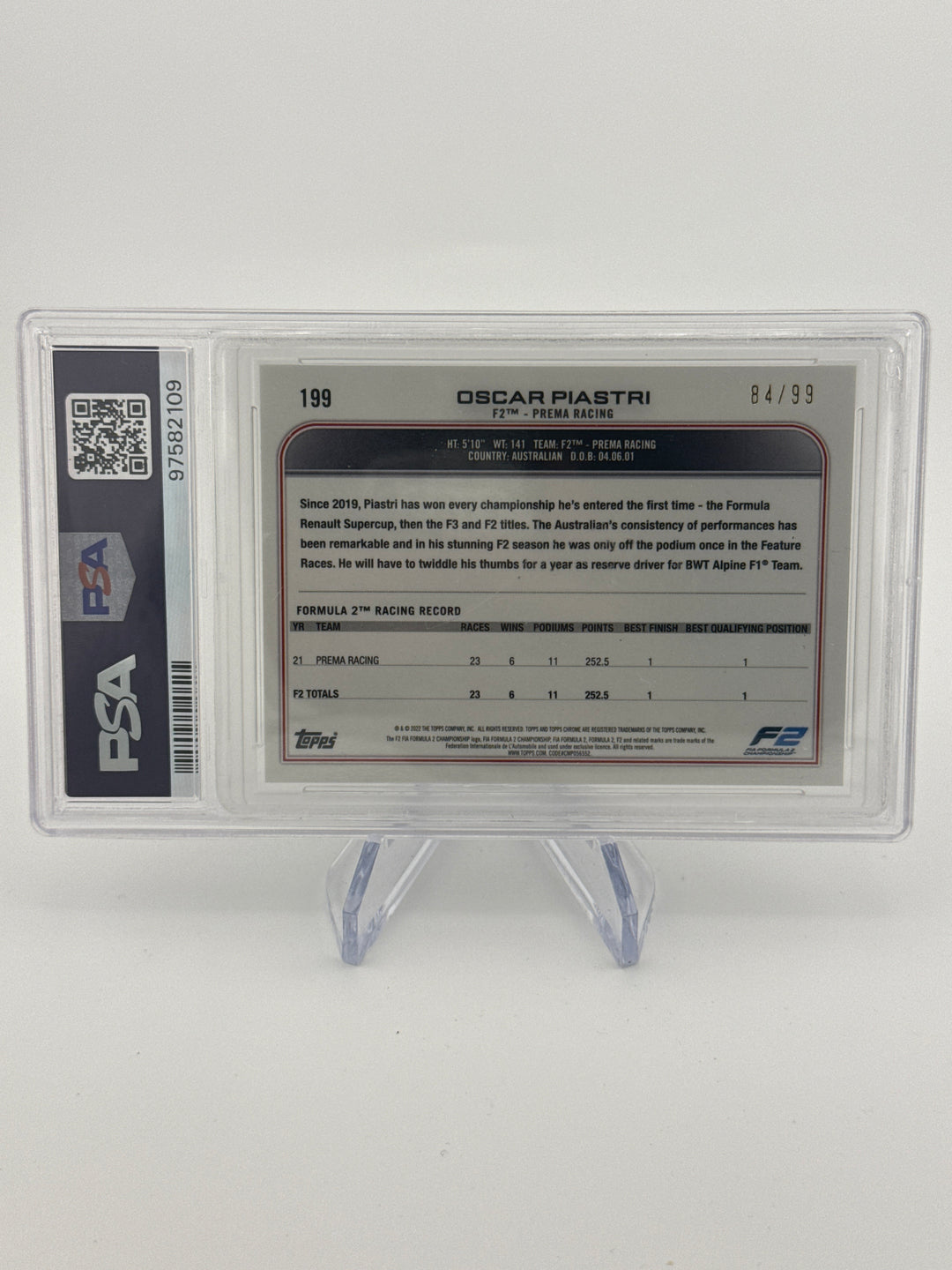Oscar Piastri 2022 Topps Chrome Sapphire Aqua SSP, 84/99, PSA 8