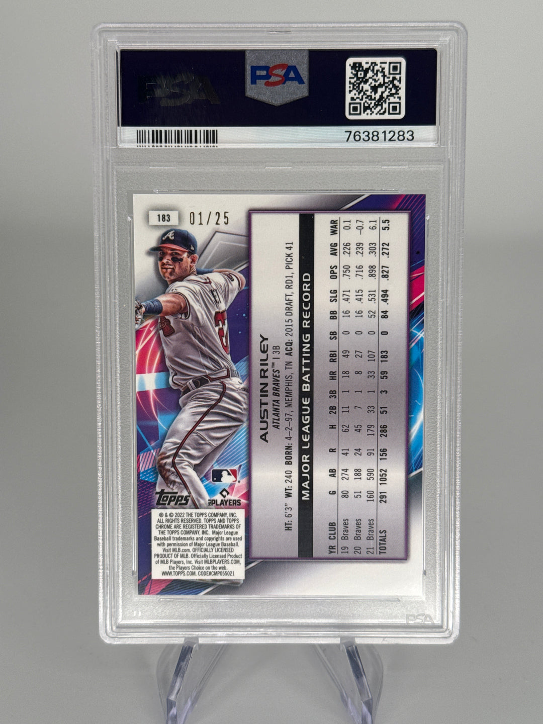 Austin Riley 2022 Topps Chrome Cosmic Orange Galactic Refractor, 01/25, PSA 10 Gem Mint