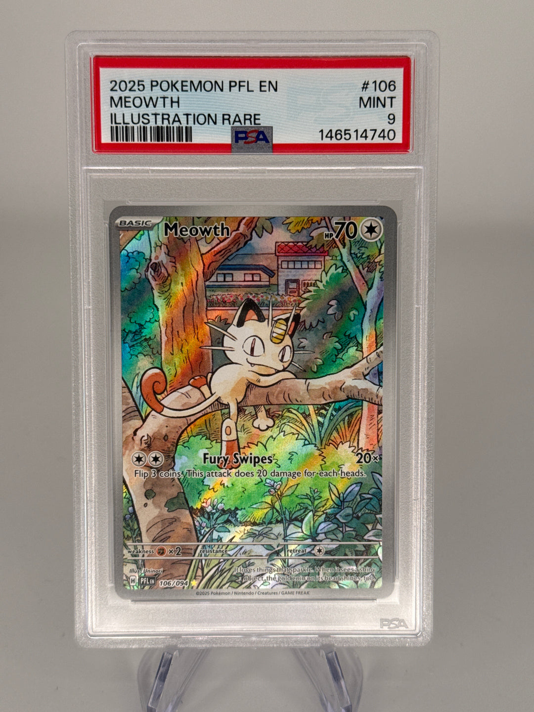 Pokemon TCG 2025 Meowth Phantasmal Flames Full Art Illustration Rare, 106/094, PSA 9 Mint