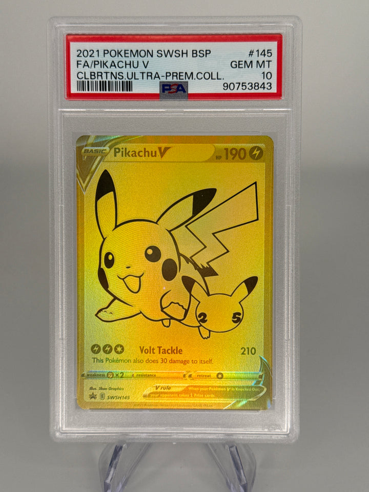 Pokemon TCG 2021 Pikachu V Gold Promo Celebration, SWSH145, PSA 10 Gem Mint