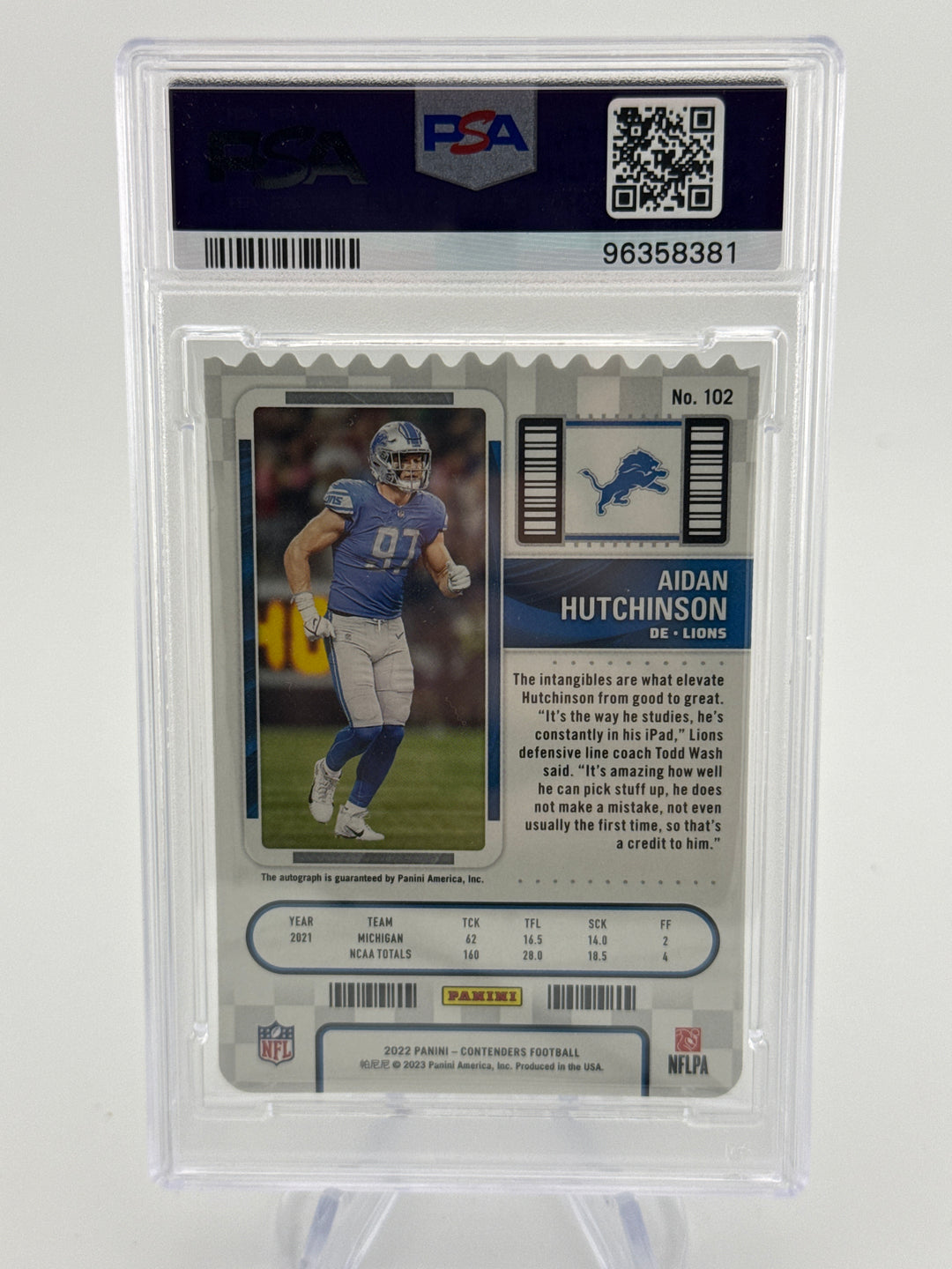Aidan Hutchinson 2022 Panini Contenders Rookie Ticket Stub Auto, 23/97, PSA 10 Gem Mint