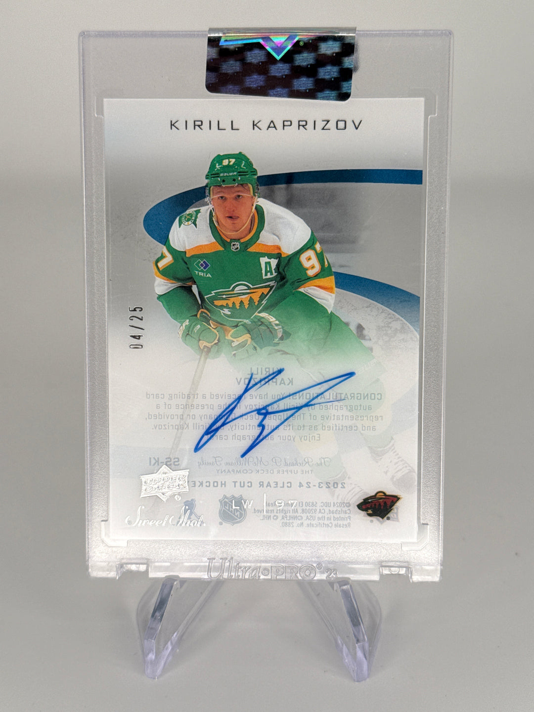 Kirill Kaprizov 2024 Upper Deck Clear Cut Sweet Shot Auto, 04/25