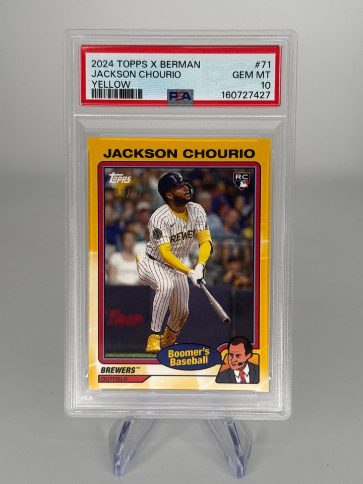 Jackson Chourio 2024 Topps X Boomers Baseball Yellow Rookie, 32/35, PSA 10 Gem Mint
