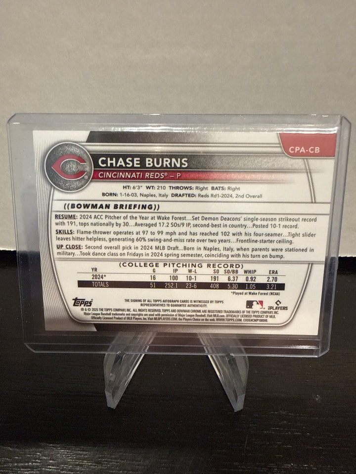 Chase Burns 2025 Bowman Chrome Prospect Green Grass Auto, 10/99