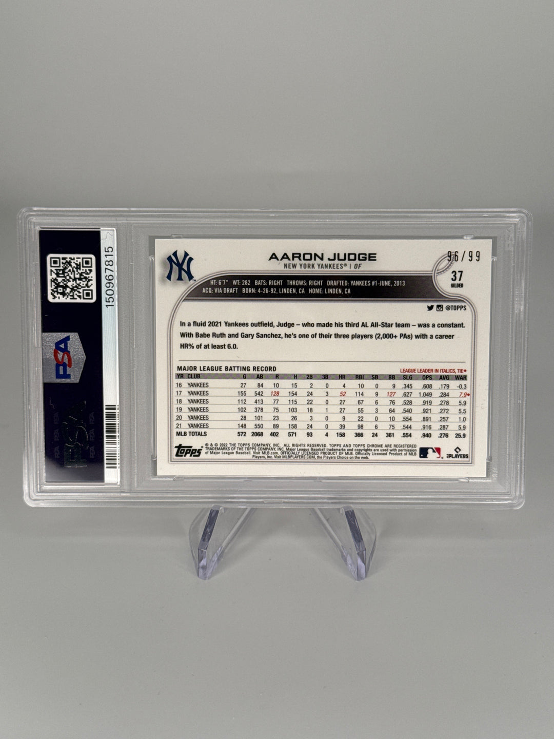 Aaron Judge 2022 Topps Gilded Collection Gold Refractor, 96/99, PSA 10 Gem Mint
