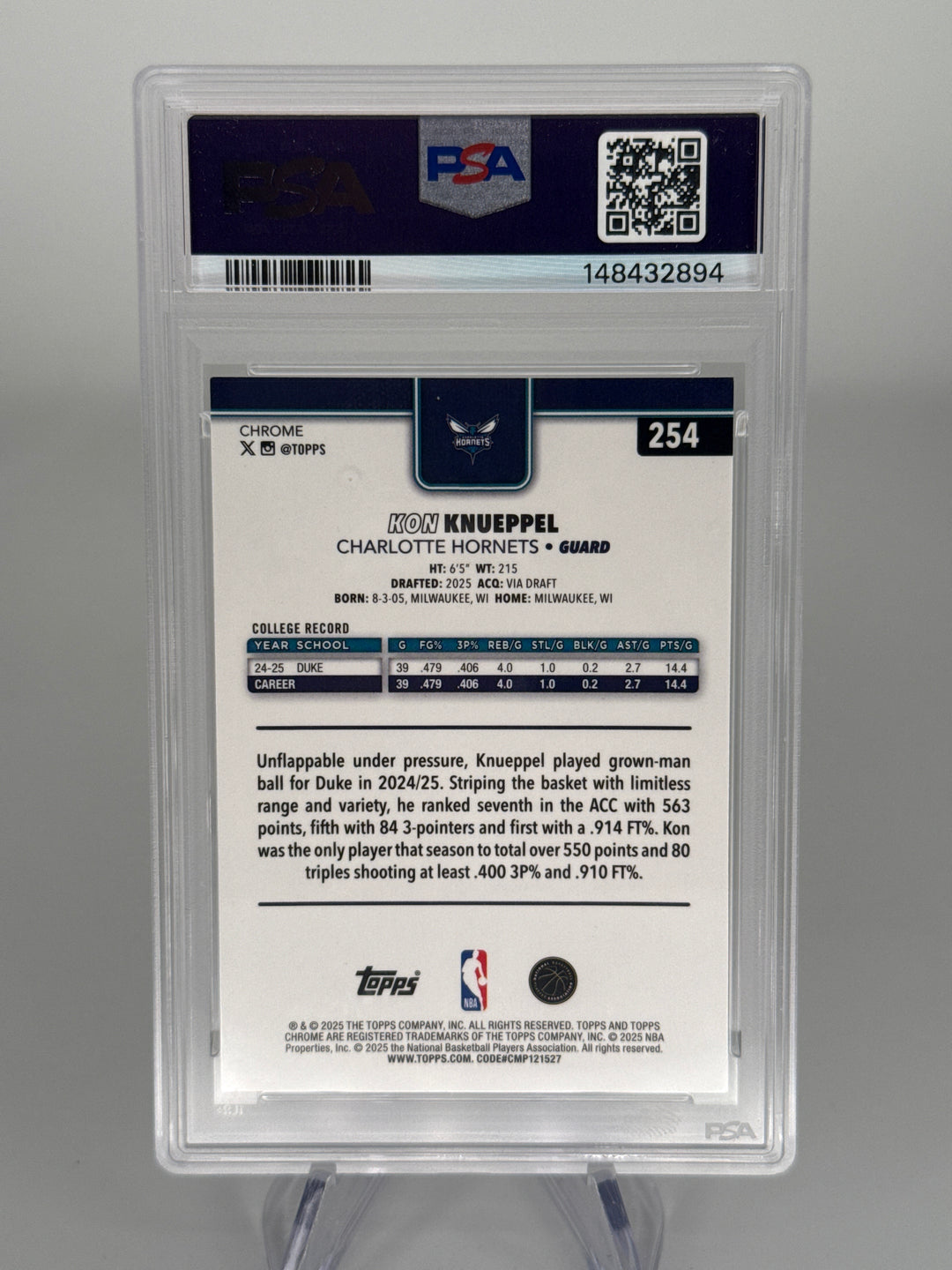 Kon Knueppel 2025 Topps Chrome Yellow Basketball Refractor Rookie, 143/275, PSA 10 Gem Mint