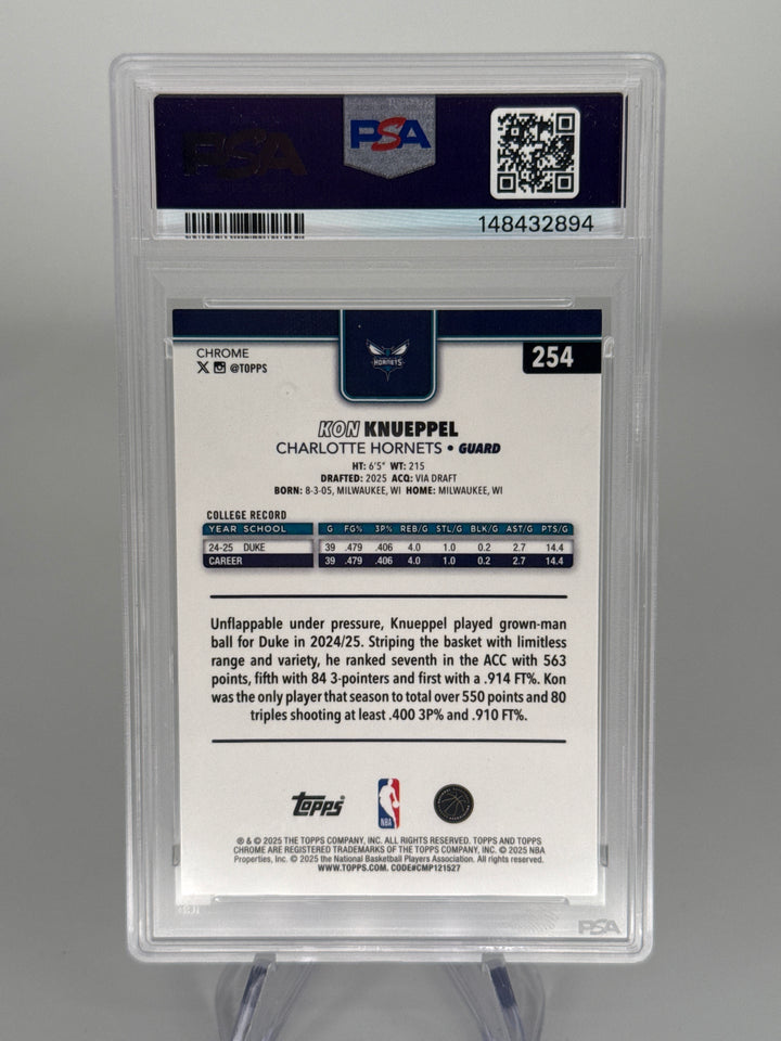 Kon Knueppel 2025 Topps Chrome Yellow Basketball Refractor Rookie, 143/275, PSA 10 Gem Mint