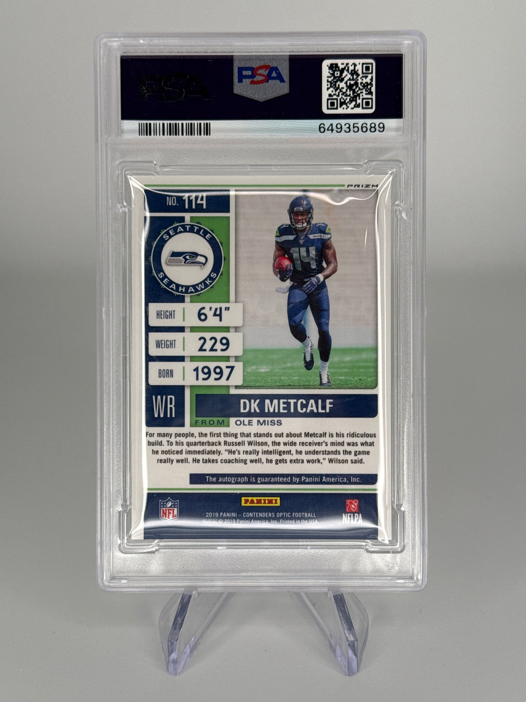 DK Metcalf 2019 Panini Contenders Optic Rookie Auto, PSA 9 Mint