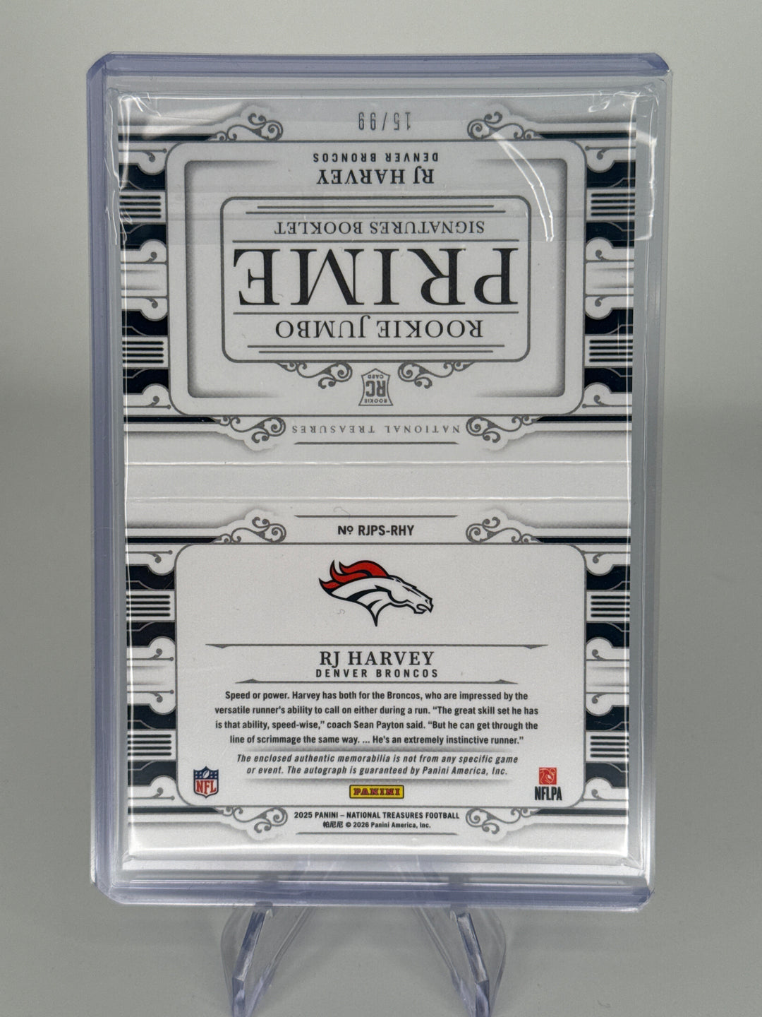 RJ Harvey 2025 Panini National Treasures Rookie Jumbo Prime Signatures Booklet, 15/99