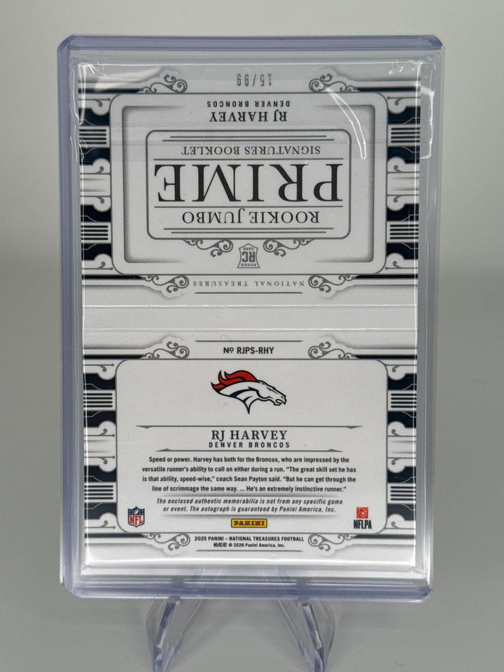 RJ Harvey 2025 Panini National Treasures Rookie Jumbo Prime Signatures Booklet, 15/99