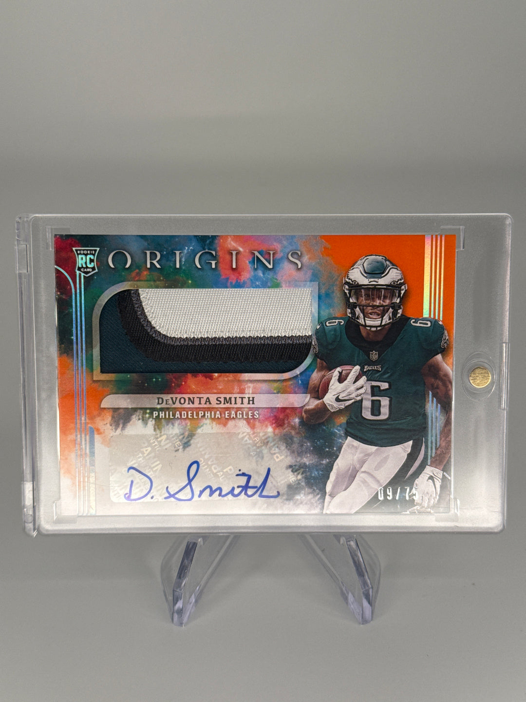 DeVonta Smith 2021 Panini Origins Rookie Patch Auto Orange, 09/75