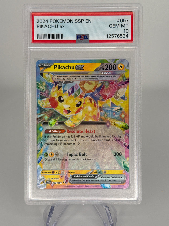 Pokemon TCG 2024 Pikachu EX Surging Sparks Double Rare, 057/191, PSA 10 Gem Mint