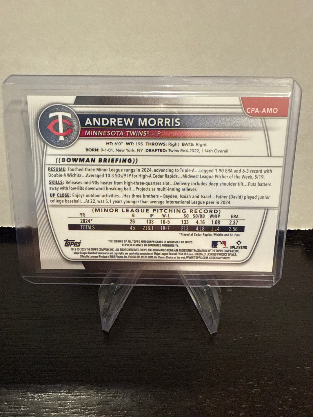 Andrew Morris 2025 Bowman Chrome Prospect 1st Auto, Orange Wave Refractor, 02/25