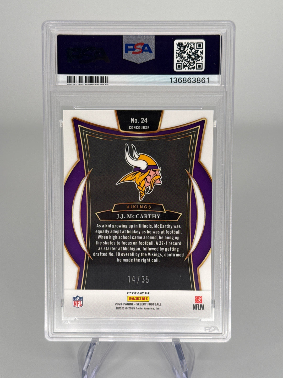 JJ McCarthy 2024 Panini Select White Prizm Rookie, 14/35, PSA 9 Mint