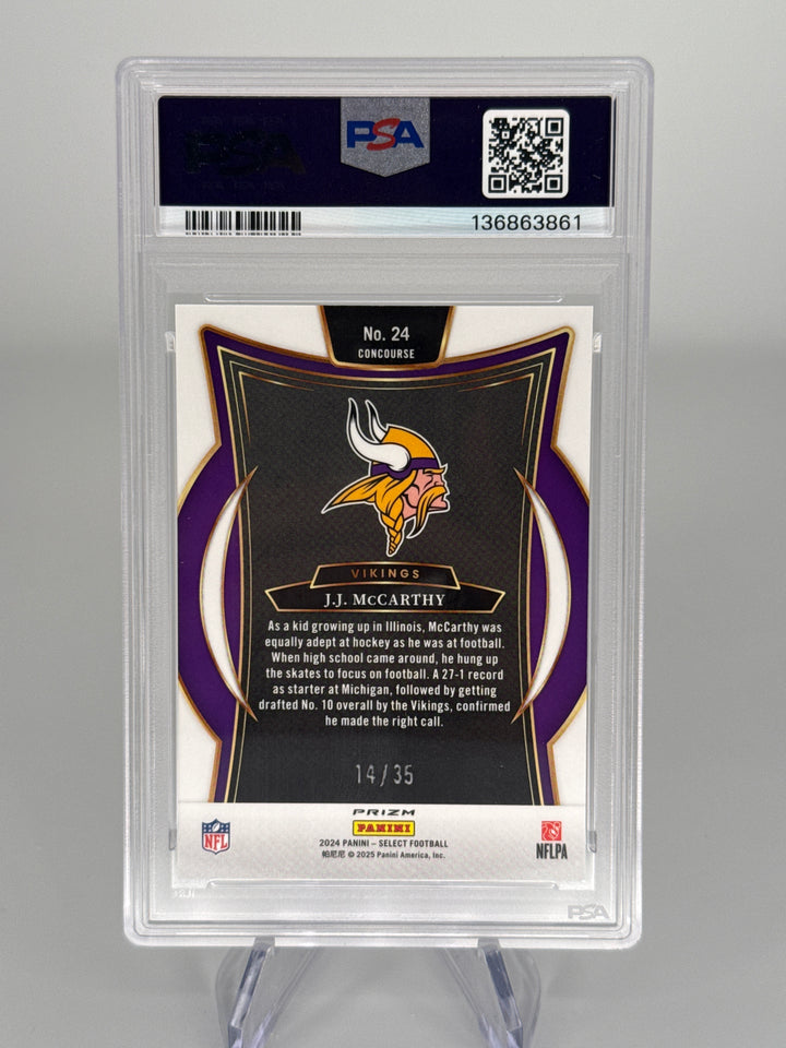 JJ McCarthy 2024 Panini Select White Prizm Rookie, 14/35, PSA 9 Mint