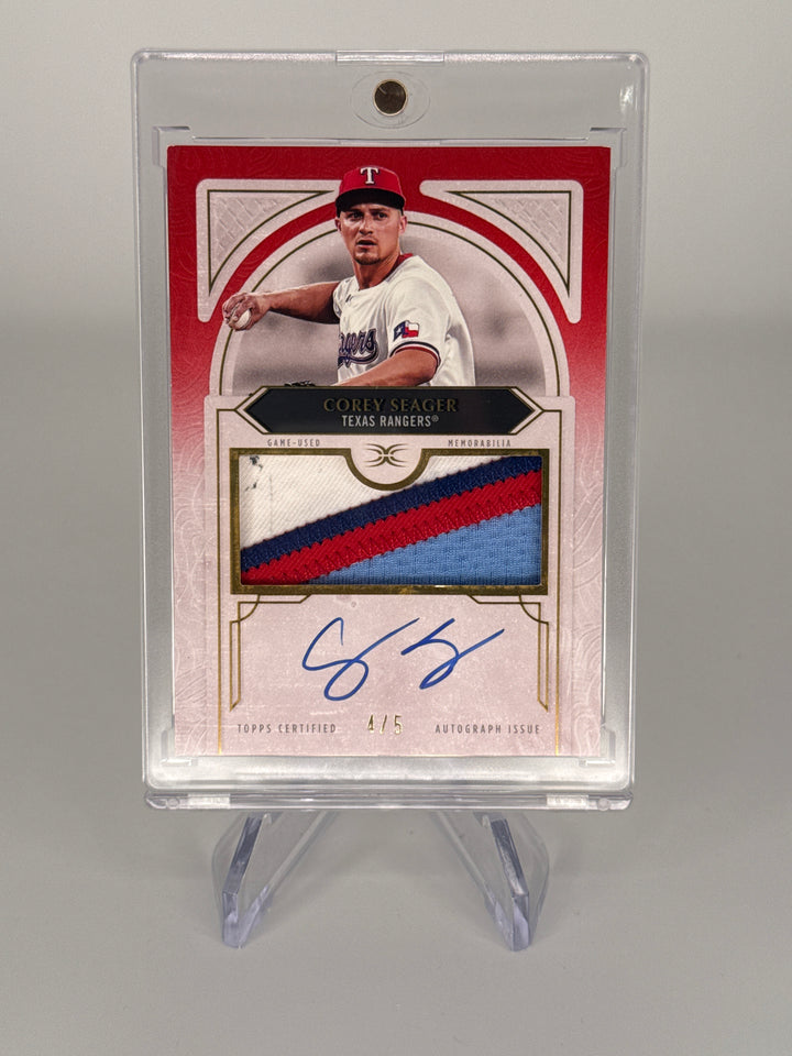 Corey Seager 2025 Topps Definitive Collection Auto Relic Red, 4/5