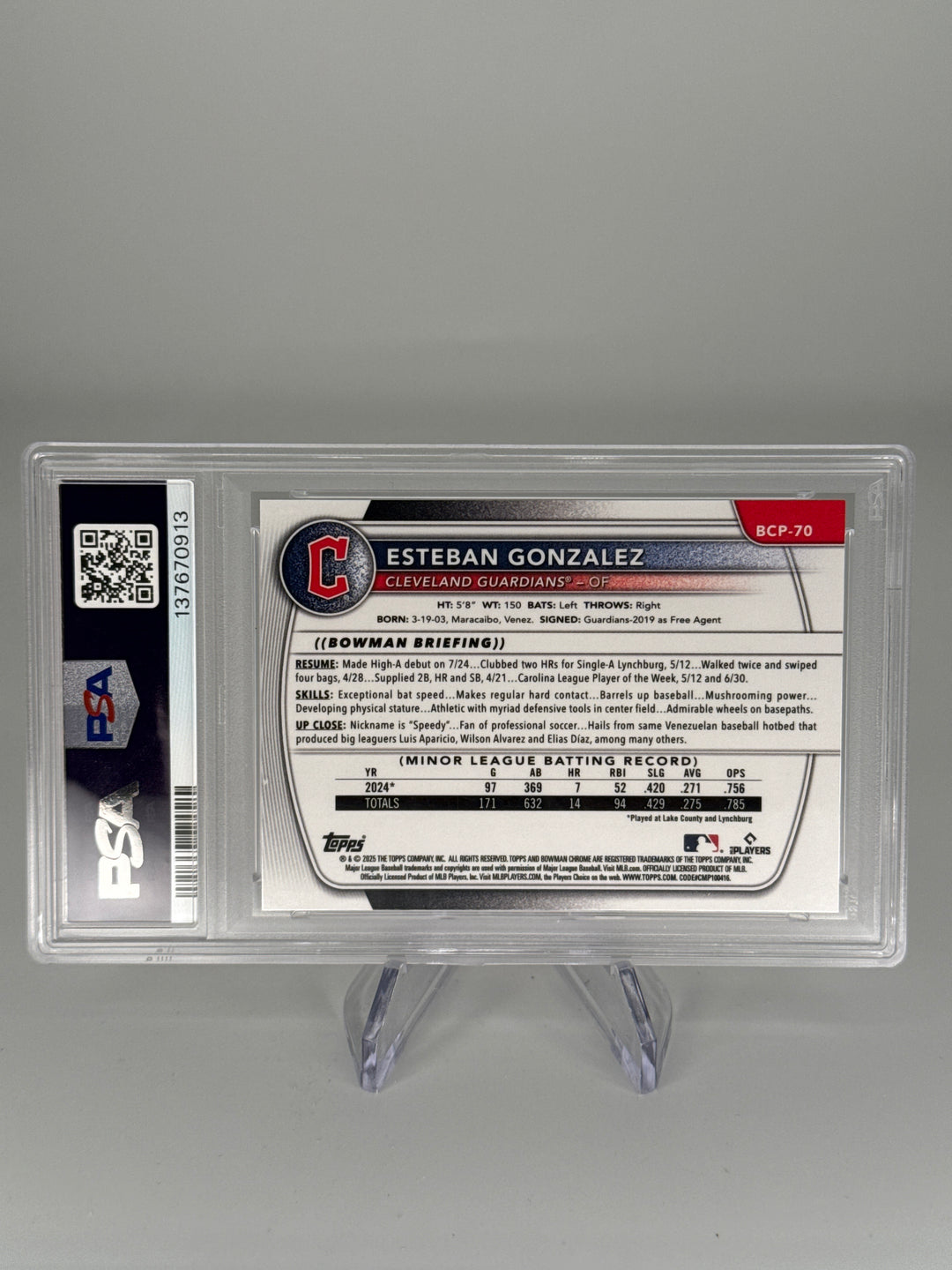 Esteban Gonzalez 2025 Bowman Chrome Sapphire 1st Gold Refractor, 01/50, PSA 10 Gem Mint