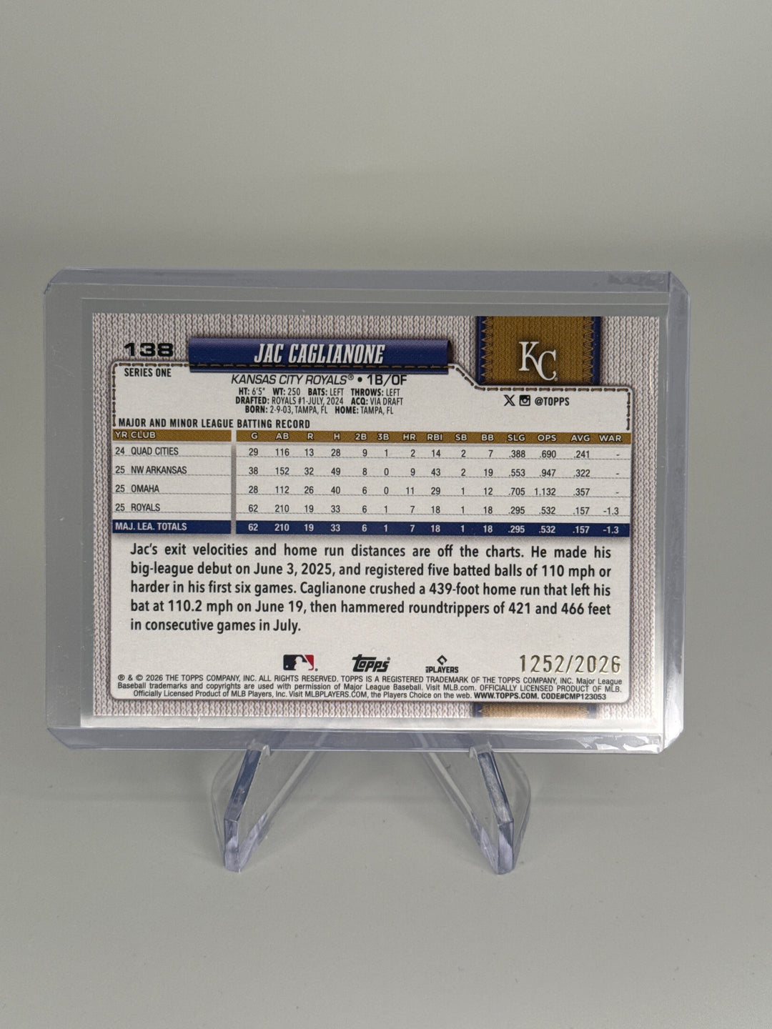 Jac Caglianone 2026 Topps Series One Gold Rookie, 1252/2026