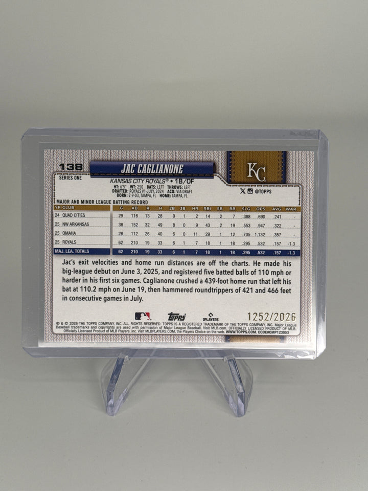 Jac Caglianone 2026 Topps Series One Gold Rookie, 1252/2026