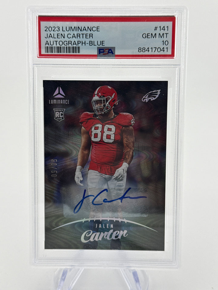 Jalen Carter 2023 Panini Luminance Rookie Auto Blue, 50/50, PSA 10 Gem Mint