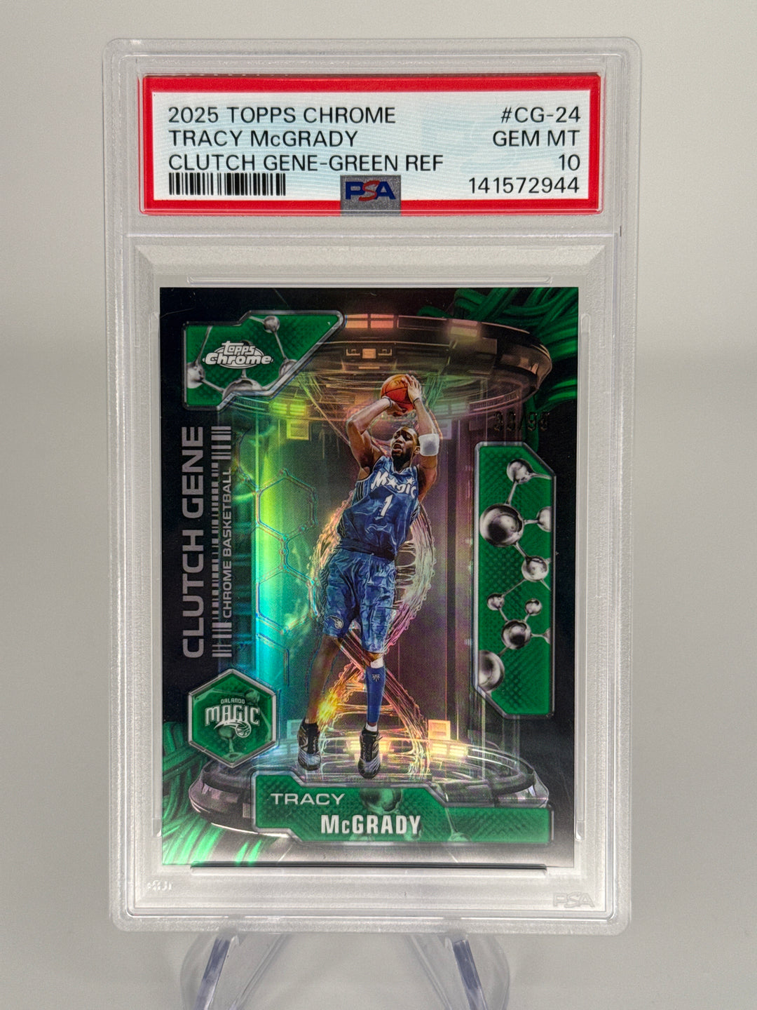 Tracy McGrady 2025 Topps Chrome Clutch Gene Green Refractor, 33/99, PSA 10 Gem Mint