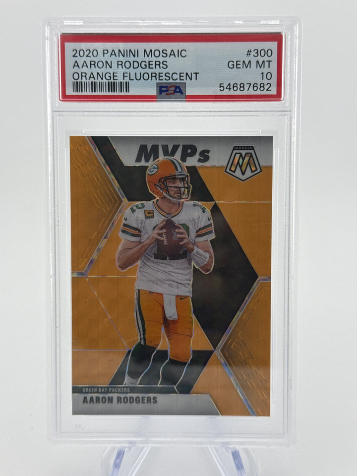 Aaron Rodgers 2020 Panini Mosaic Orange Fluorescent MVP's, 20/25, PSA 10 Gem Mint