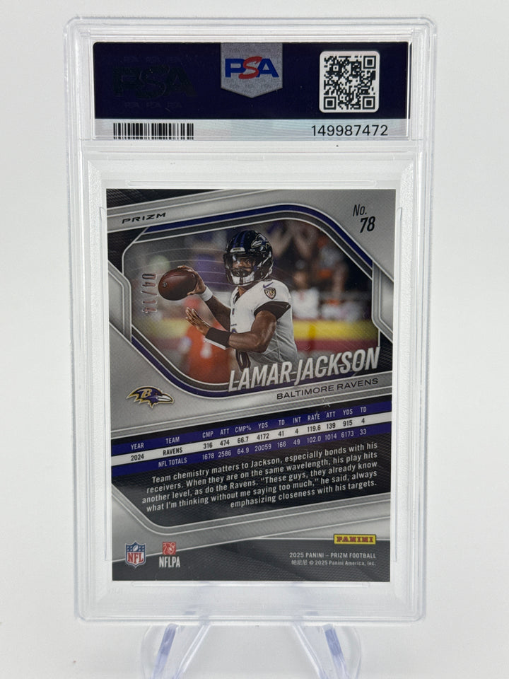 Lamar Jackson 2025 Panini Prizm Blue Choice Prizm, 04/14, PSA 9 Mint