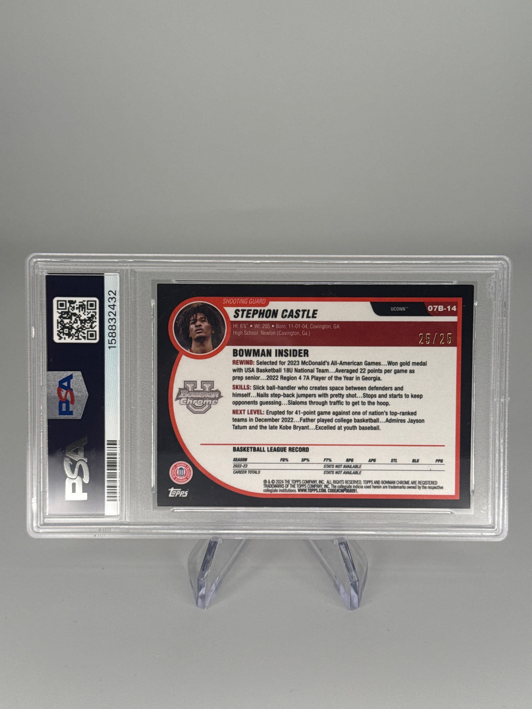 Stephon Castle 2023 Bowman Chrome University 2007 Orange Refractor, 25/25, PSA 9 Mint