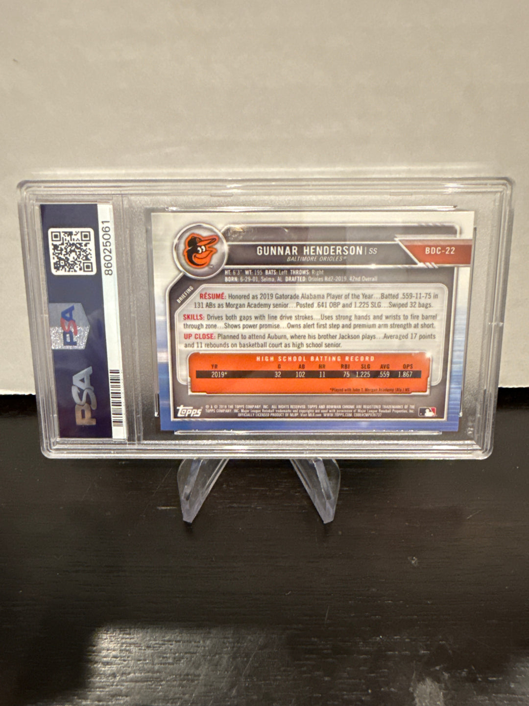 Gunnar Henderson 2019 Bowman Draft Chrome 1st, PSA 10 Gem Mint