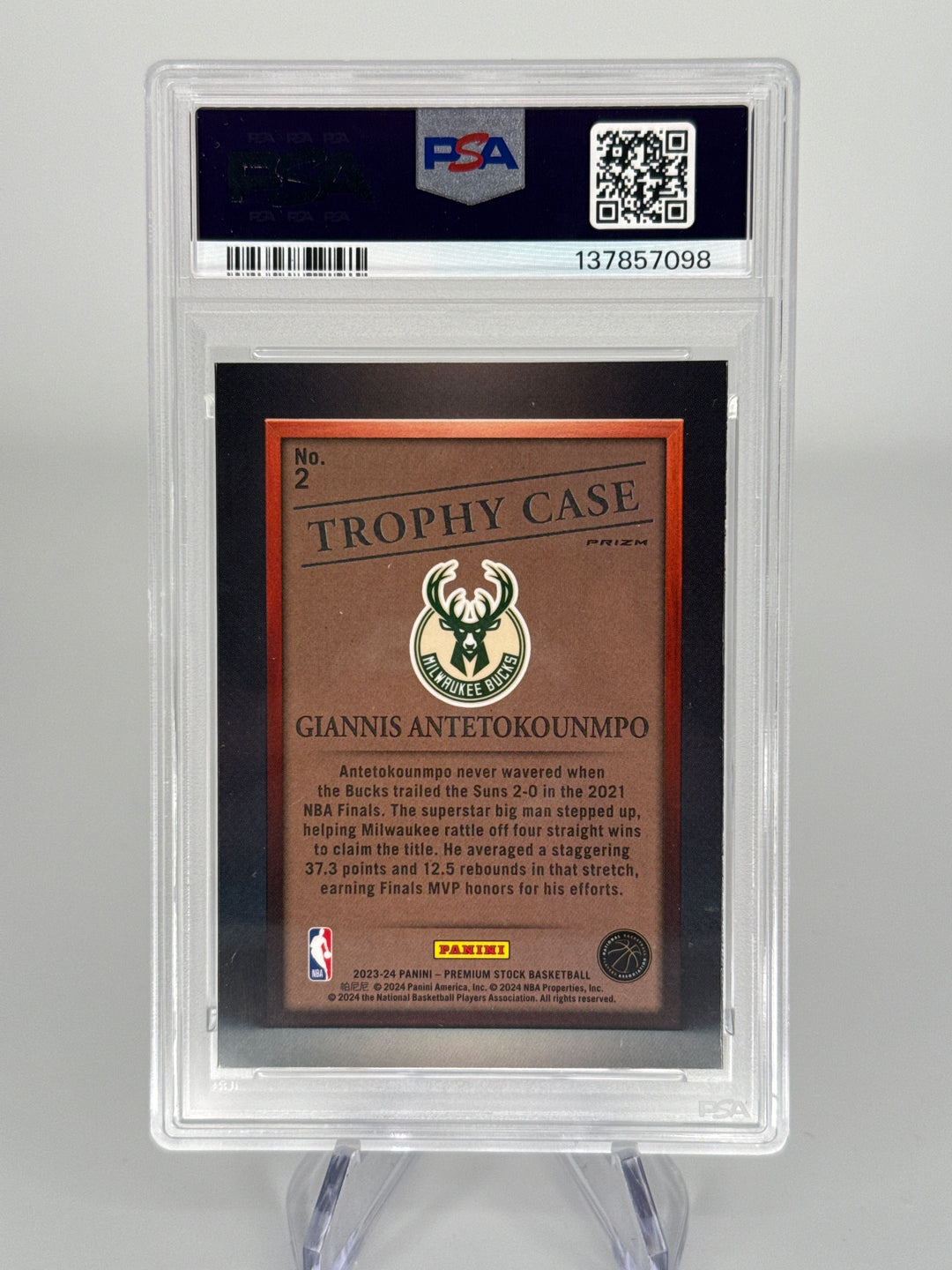Giannis Antetokounmpo 2023 Panini NBA Hoops Premium Stock Trophy Case SSP Case Hit, PSA 10 Gem Mint