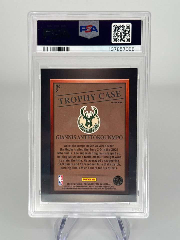 Giannis Antetokounmpo 2023 Panini NBA Hoops Premium Stock Trophy Case SSP Case Hit, PSA 10 Gem Mint