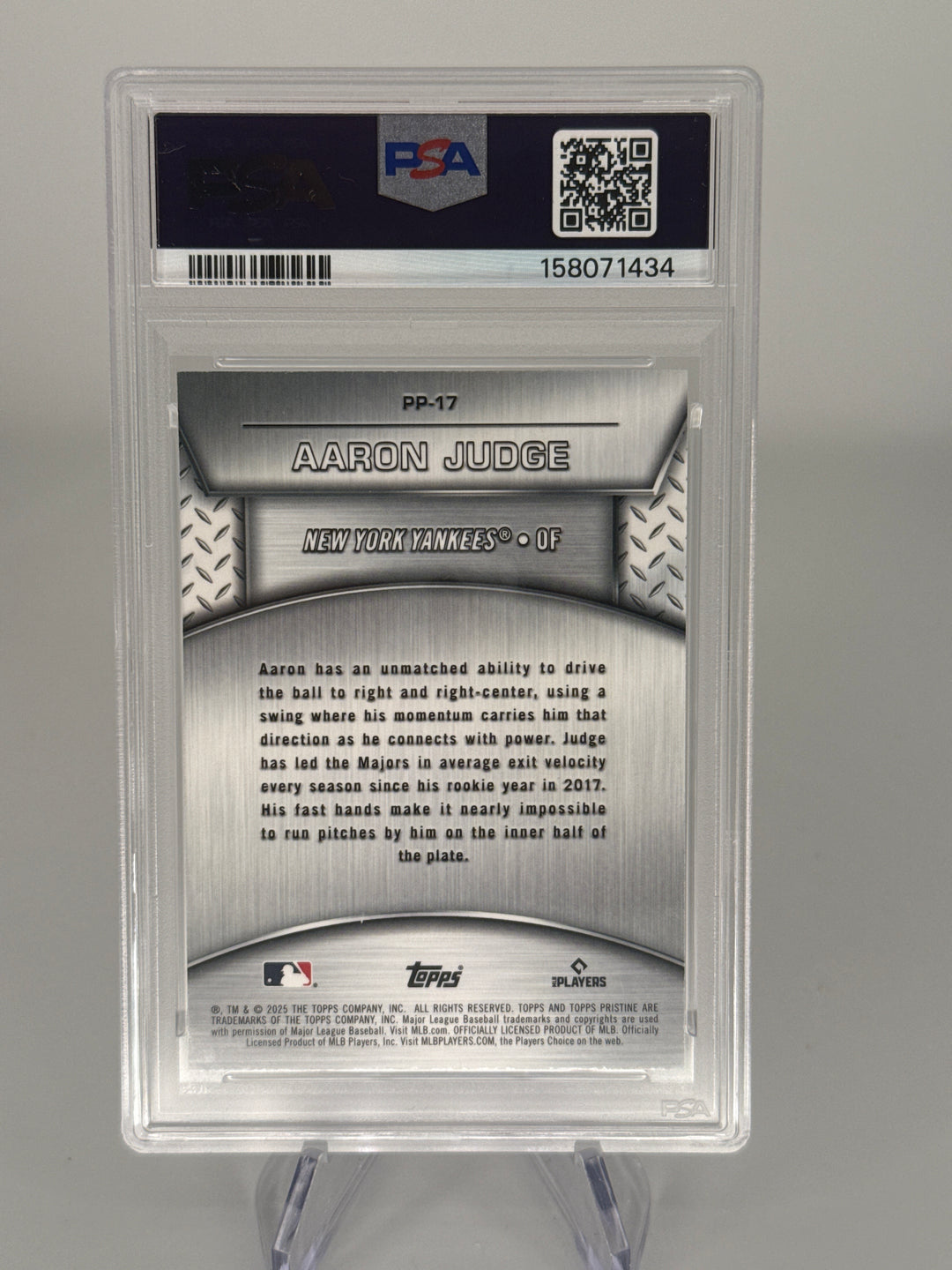 Aaron Judge 2025 Topps Pristine Plated & Polished Purple Refractor, 79/99, PSA 10 Gem Mint