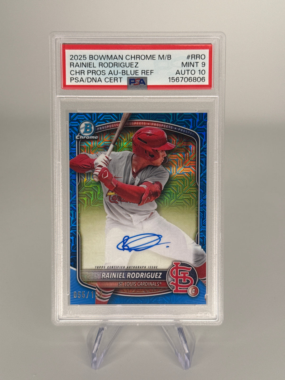 Rainiel Rodriguez 2025 Bowman Chrome Mega Box Blue Refractor Prospect Auto, 055/150, PSA 9 Mint, PSA 10 Auto