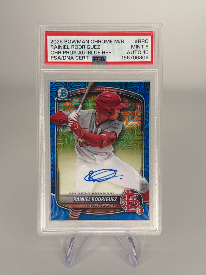Rainiel Rodriguez 2025 Bowman Chrome Mega Box Blue Refractor Prospect Auto, 055/150, PSA 9 Mint, PSA 10 Auto